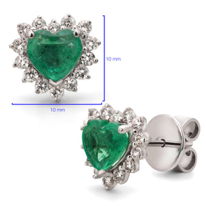 Par de Brinco em Ouro Branco 18k  Coração com Esmeraldas e Diamantes