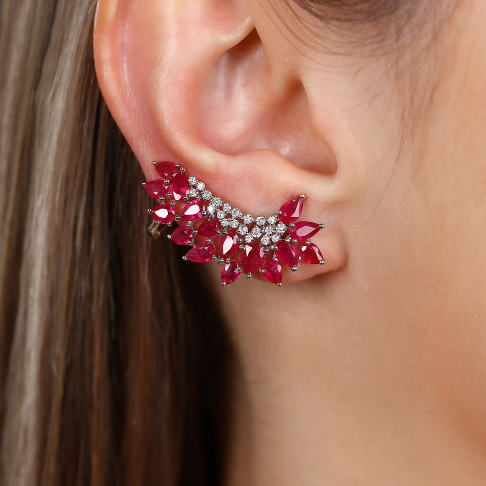 Par de Brinco em Ouro Branco 18k Ear Cuff com Rubis e Diamantes
