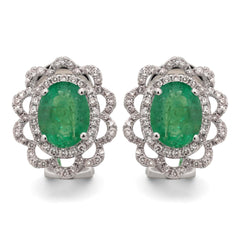 Par de Brinco em Ouro Branco 18k com Esmeraldas e Diamantes