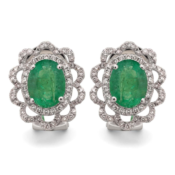 Par de Brinco em Ouro Branco 18k com Esmeraldas e Diamantes