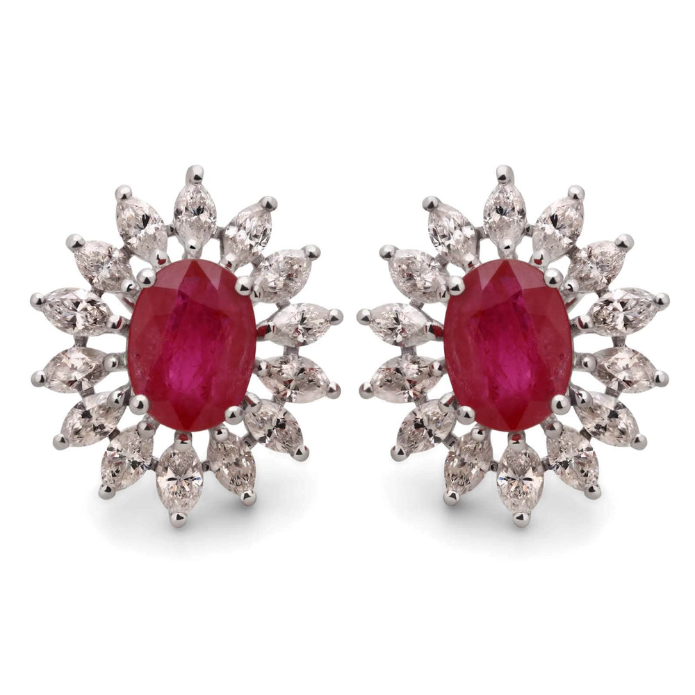 Par de Brinco em Ouro Branco 18k Flor com Rubis e Diamantes