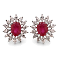 Par de Brinco em Ouro Branco 18k Flor com Rubis e Diamantes