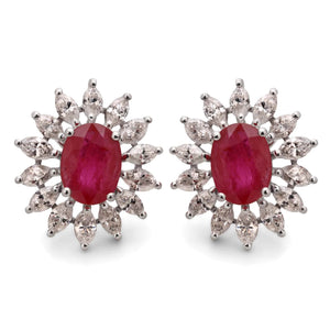 Par de Brinco em Ouro Branco 18k Flor com Rubis e Diamantes