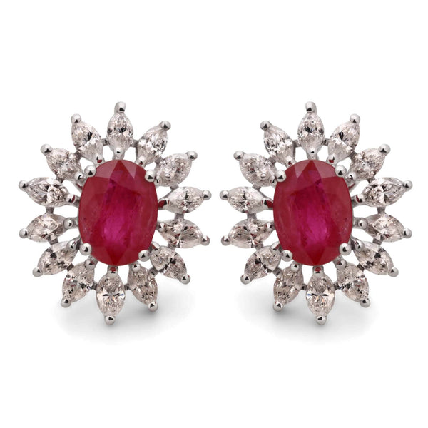 Par de Brinco em Ouro Branco 18k Flor com Rubis e Diamantes