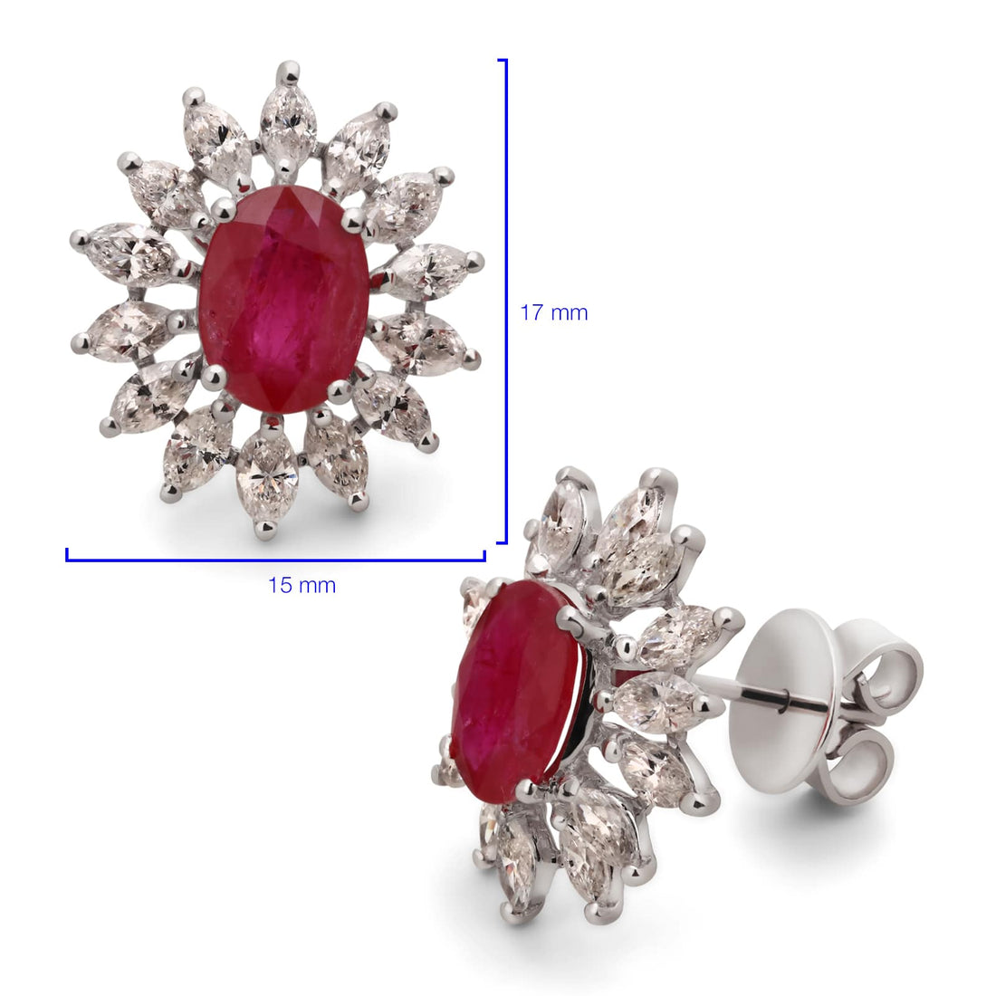 Par de Brinco em Ouro Branco 18k Flor com Rubis e Diamantes
