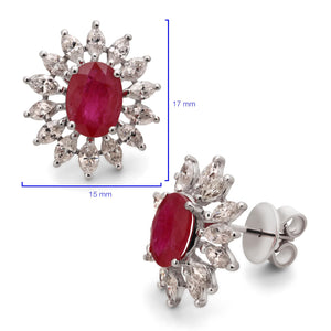 Par de Brinco em Ouro Branco 18k Flor com Rubis e Diamantes