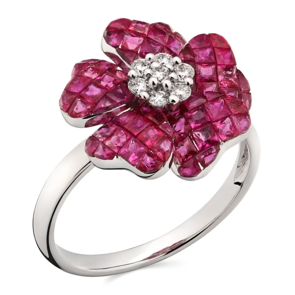 Anel em Ouro Branco 18k Flor com Rubis e Diamantes