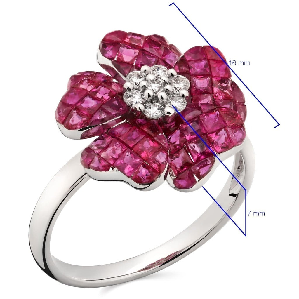 Anel em Ouro Branco 18k Flor com Rubis e Diamantes