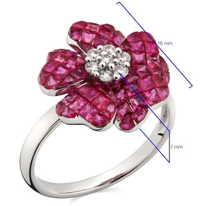 Anel em Ouro Branco 18k Flor com Rubis e Diamantes
