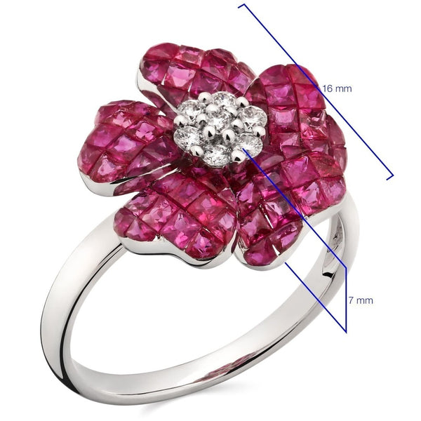 Anel em Ouro Branco 18k Flor com Rubis e Diamantes