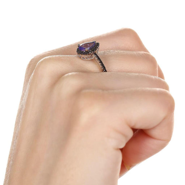 Anel em Ouro Branco 18k Gota de Tanzanita e Diamantes Negros