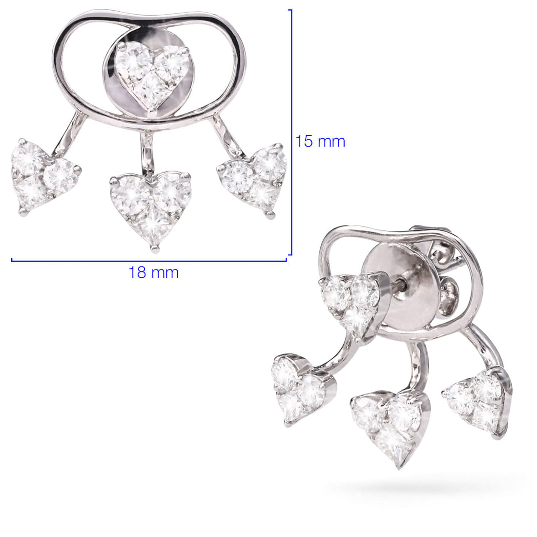 Par de Brinco em Ouro Branco 18k Corações com Diamantes
