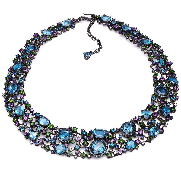 Colar em  Prata Luxo com Topázios London Blue, Ametistas, Chromes, Safiras Azuis e Zircônias