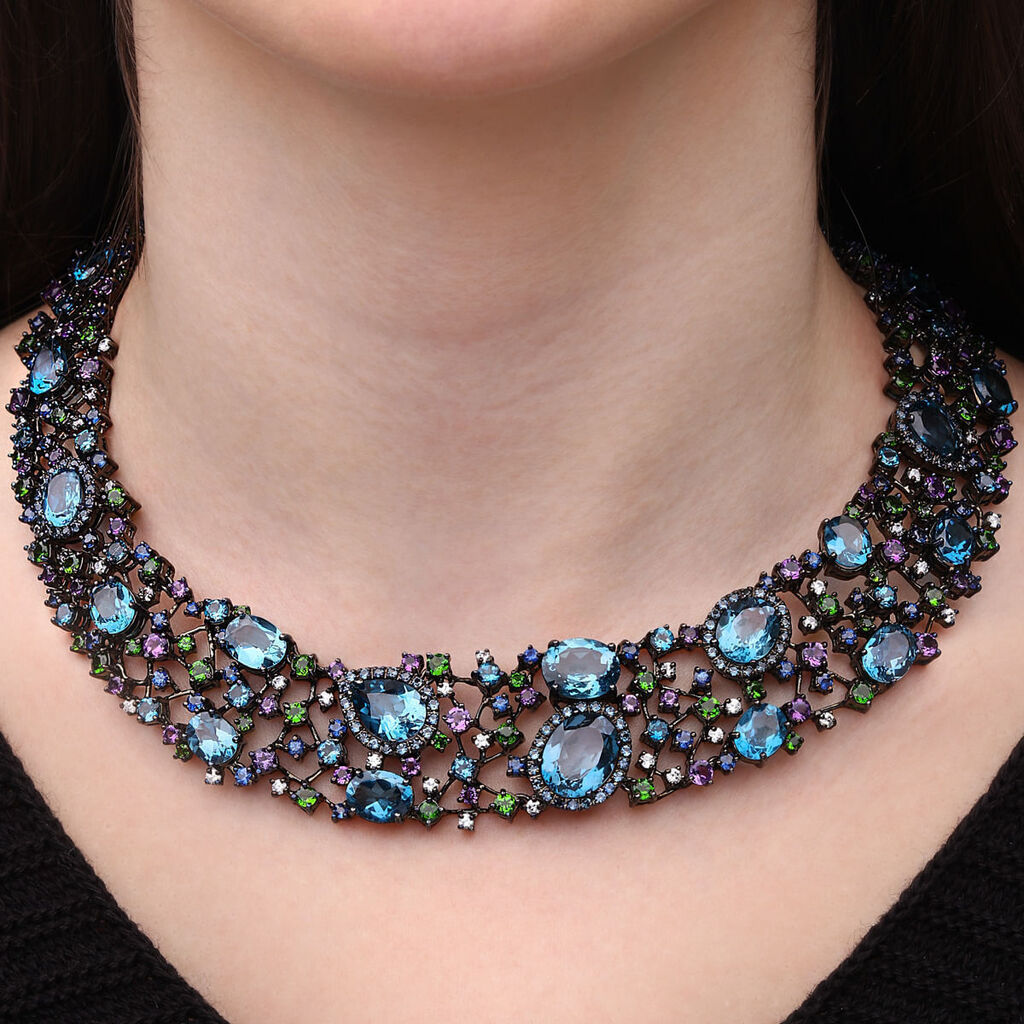 Colar em  Prata Luxo com Topázios London Blue, Ametistas, Chromes, Safiras Azuis e Zircônias