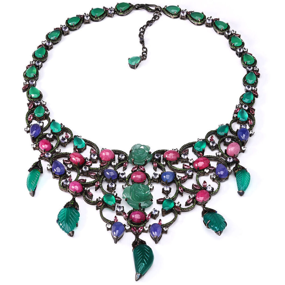 Colar em Prata Luxo Floral com Calcedônias, Iolitas, Tanzanitas, Rubis, Zircônias, Turmalinas Rosas e Chromes