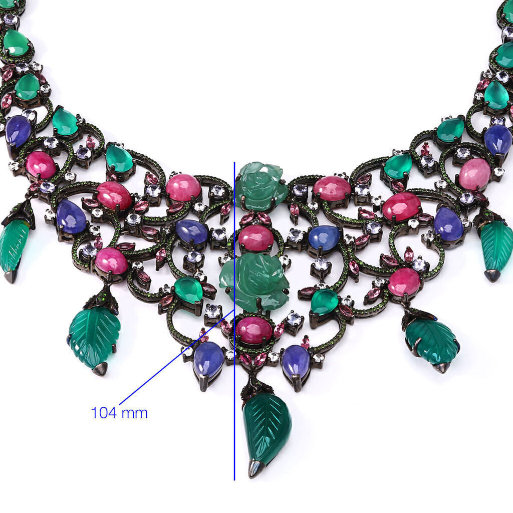 Colar em Prata Luxo Floral com Calcedônias, Iolitas, Tanzanitas, Rubis, Zircônias, Turmalinas Rosas e Chromes