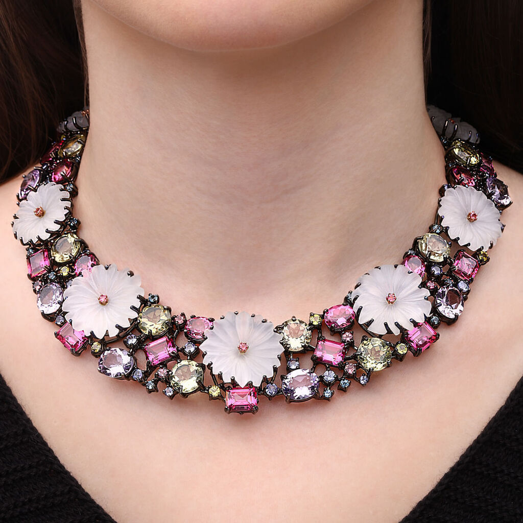 Colar Em  Prata Luxo Floral Mix de Pedras
