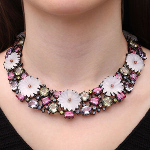 Colar Em  Prata Luxo Floral Mix de Pedras
