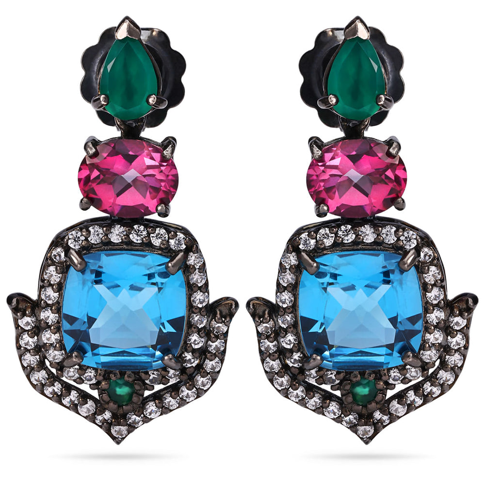 Par de Brinco Prata 925 Linha Pedras Naturais com Topazios London Blue, Turmalinas Rosas, Calcedonias e Zirconias Aprox. 20,56 cts