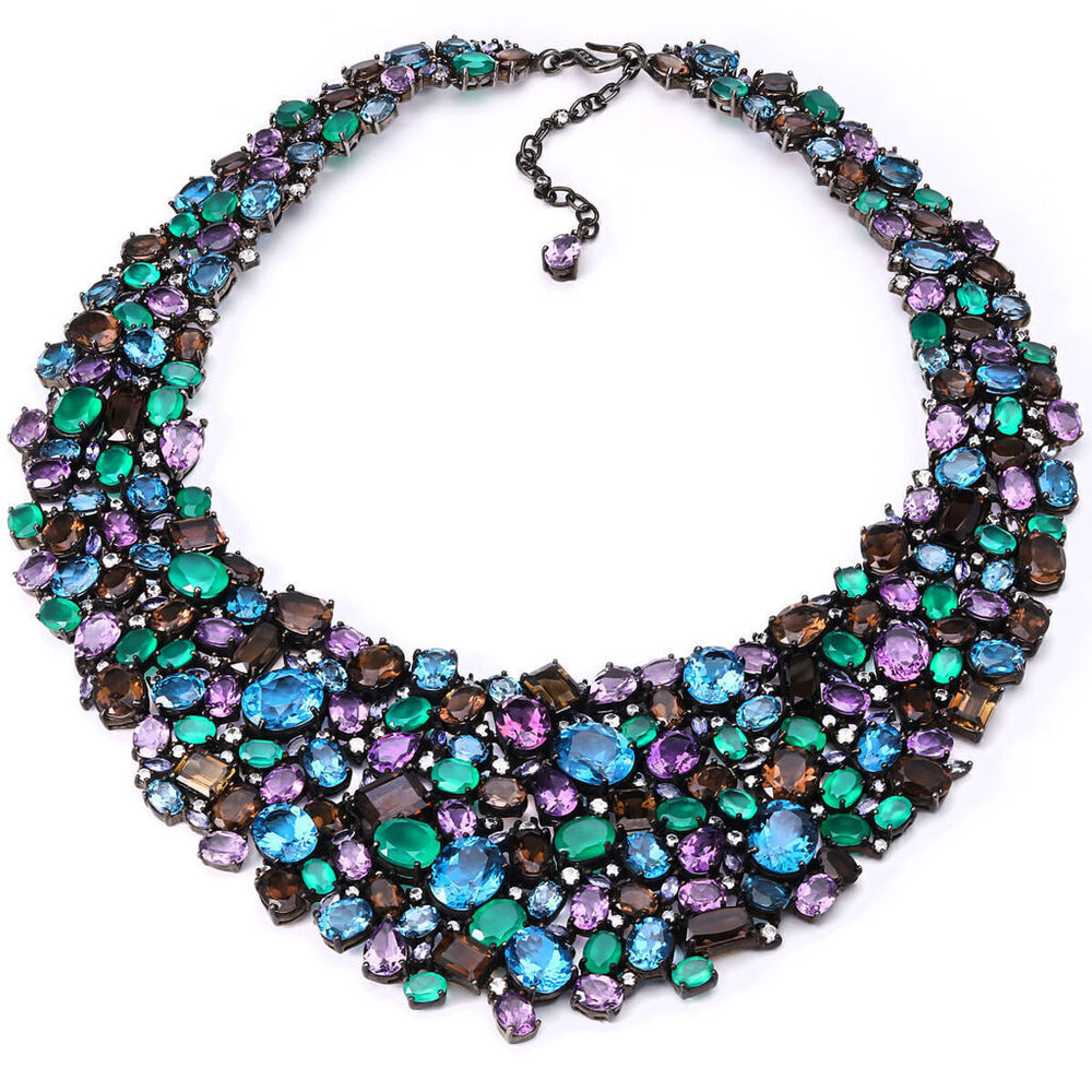 Colar  em Prata Luxo com Ametistas, London Blue, Tanzanitas, Zircônias, Quartzos Fumê e Calcedônias