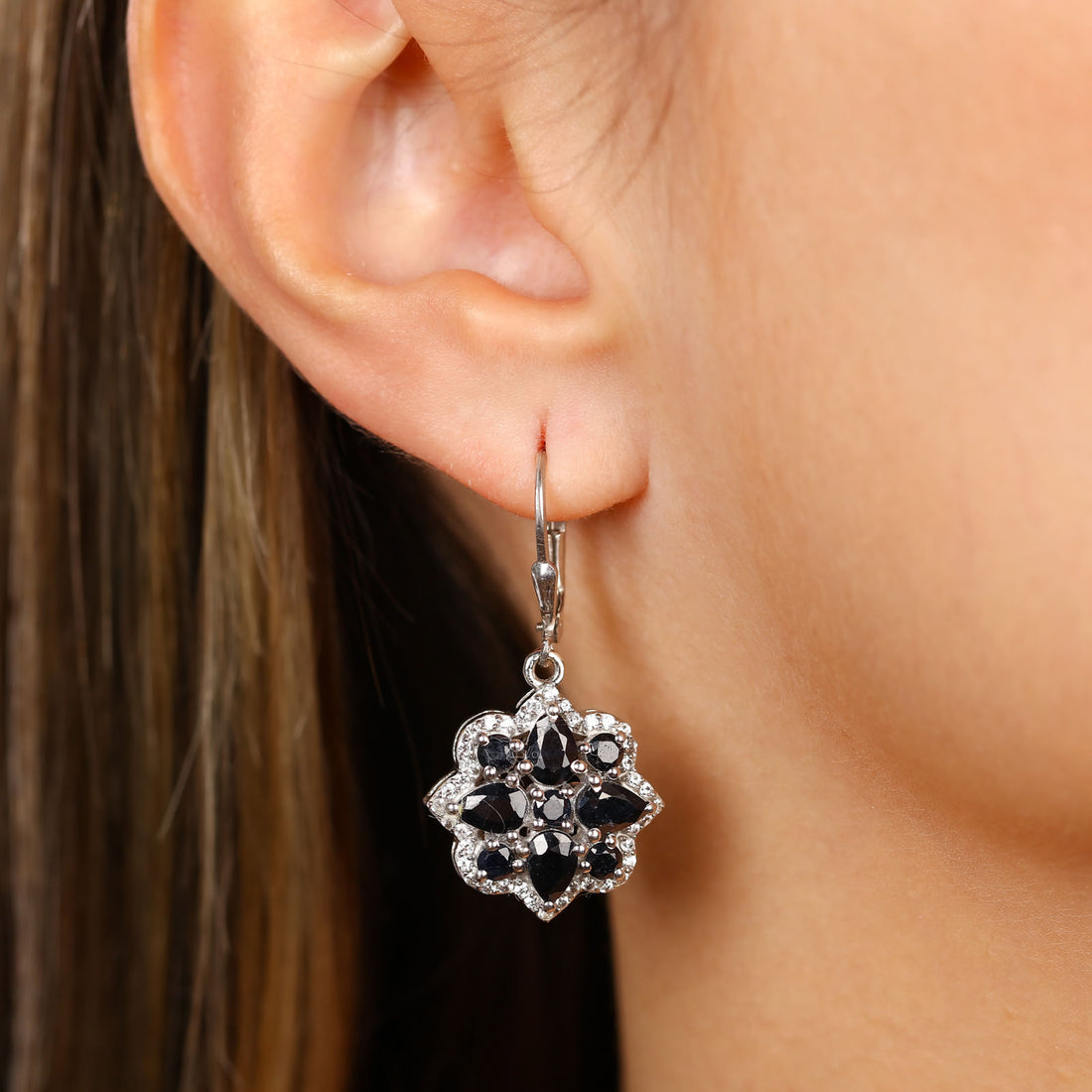 Par de Brinco em Prata 925 Flor com Safiras e Zirconias