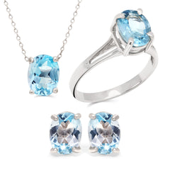 Anel, Brinco e Pingente Topázio Azul Oval Aprox. 7 cts Prata