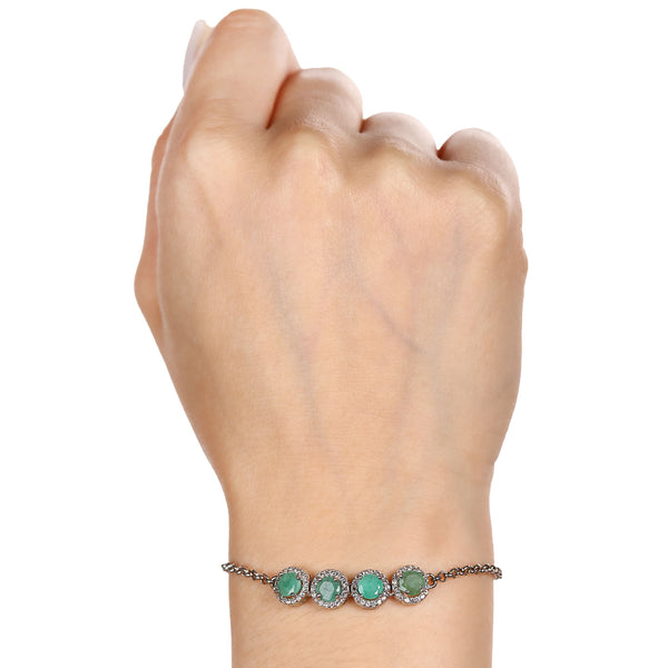 Pulseira em Prata 925 com 4 Esmeraldas e Topázios Brancos