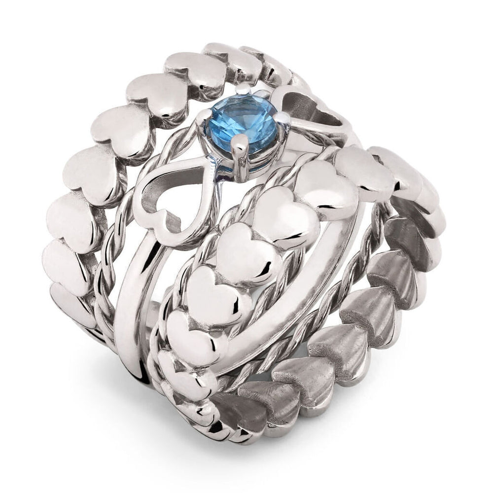 Kit  honey em Prata 925 4 Alianças e 1 Solitário com Água Marinha