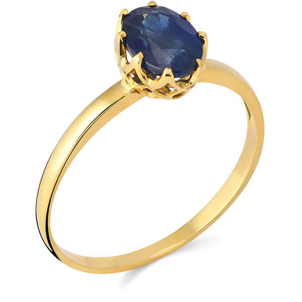 Anel Ouro Amarelo 18k Cestinha com Safira Azul Oval