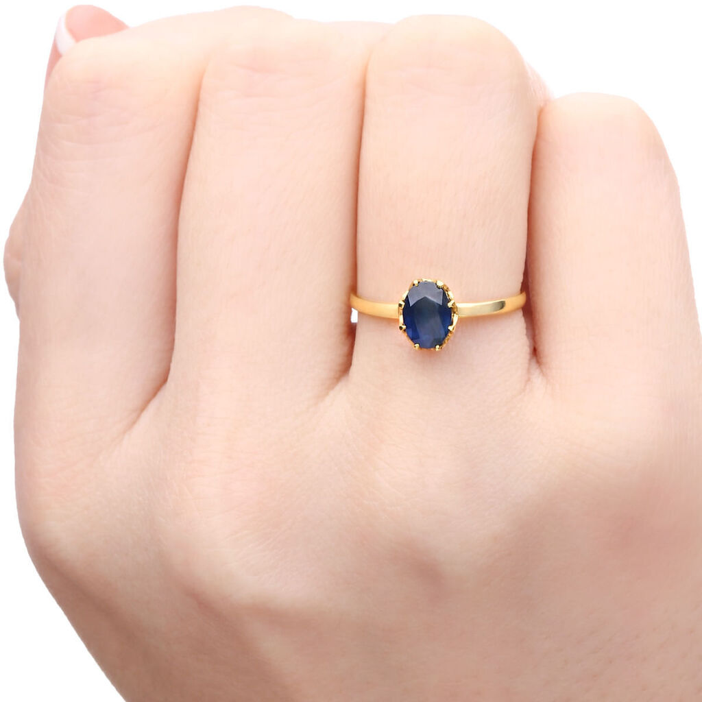 Anel Ouro Amarelo 18k Cestinha com Safira Azul Oval