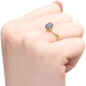 Anel Ouro Amarelo 18k Cestinha com Safira Azul Oval