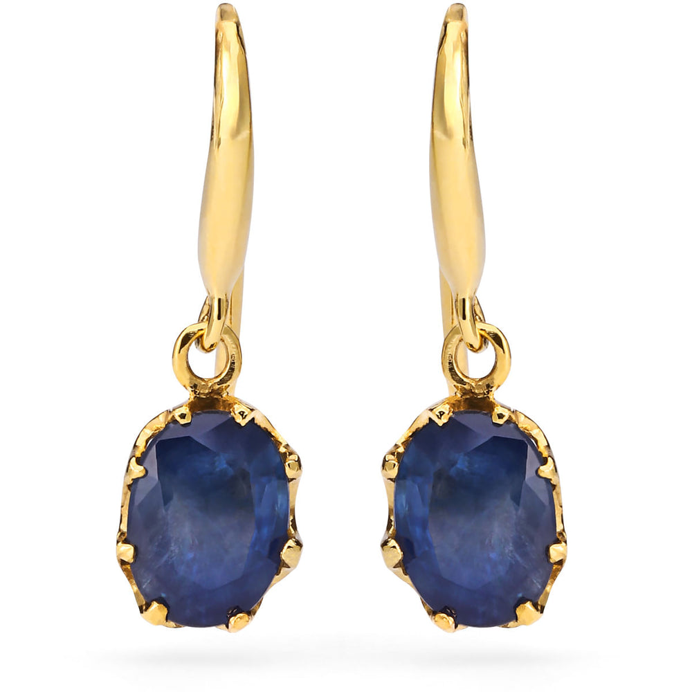 Par de Brinco Ouro Amarelo 18k Cestinha com Safiras Azul Oval