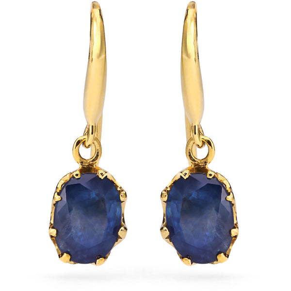 Par de Brinco Ouro Amarelo 18k Cestinha com Safiras Azul Oval