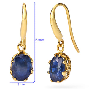 Par de Brinco Ouro Amarelo 18k Cestinha com Safiras Azul Oval