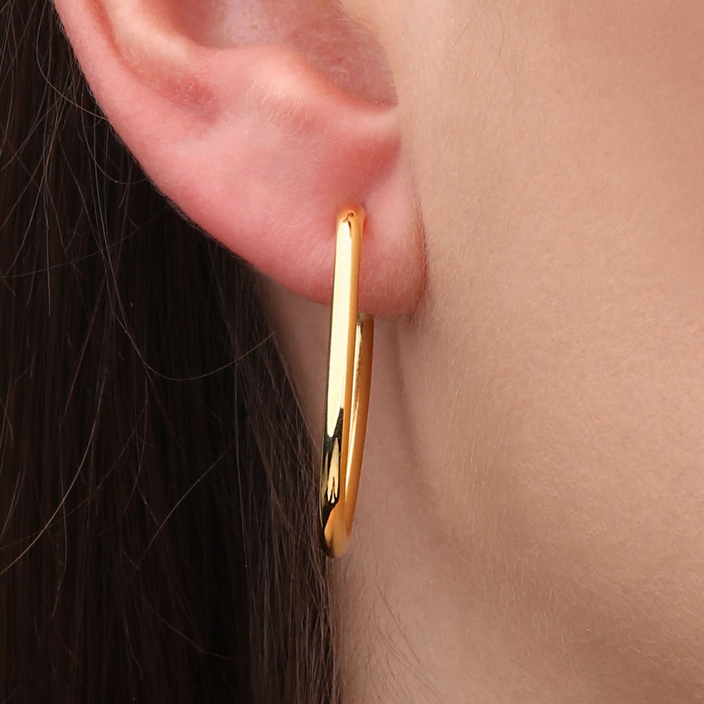 Par de Brinco Argola Retangular Linha Ouro Amarelo 18 k