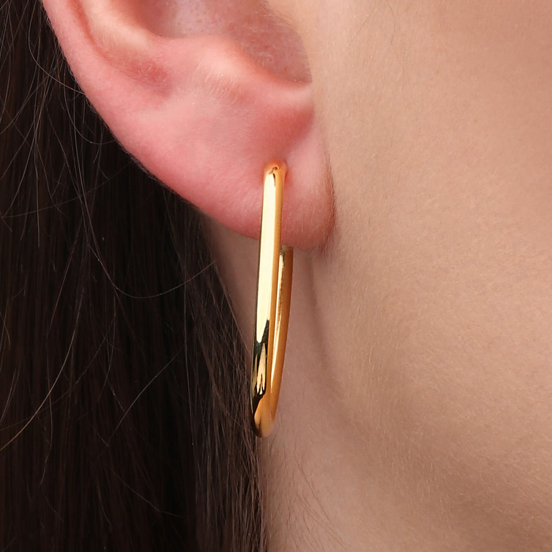 Par de Brinco Argola Retangular Linha Ouro Amarelo 18 k