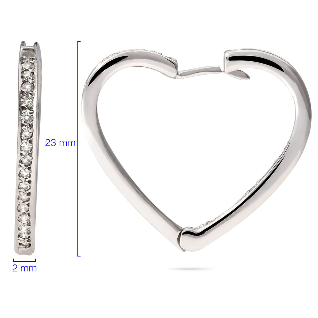 Par de Brinco em Ouro Branco 18k Formato Coração com Diamantes