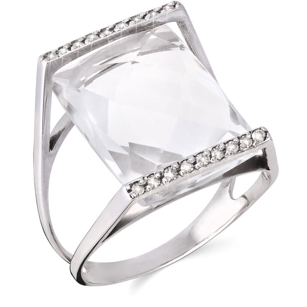 Anel em Ouro Branco com Cristal Retangular e Diamantes