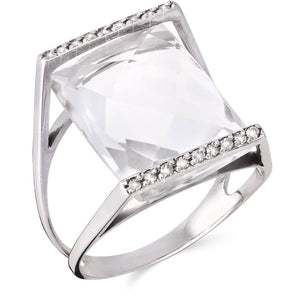 Anel em Ouro Branco com Cristal Retangular e Diamantes