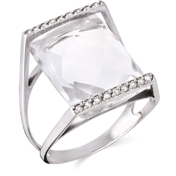 Anel em Ouro Branco com Cristal Retangular e Diamantes