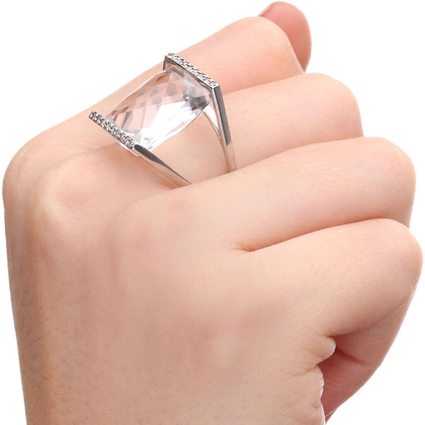 Anel em Ouro Branco com Cristal Retangular e Diamantes