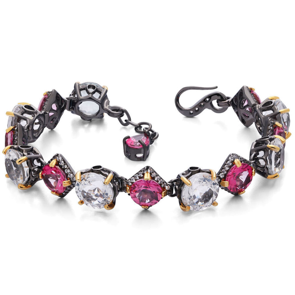 Pulseira Linha Premium em Prata 925 com Topázios Rosas, Topázios Brancos e Zircônias