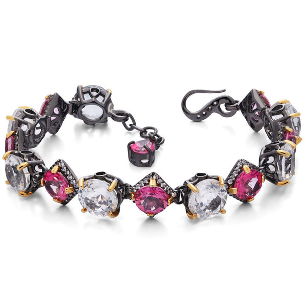 Pulseira Linha Premium em Prata 925 com Topázios Rosas, Topázios Brancos e Zircônias