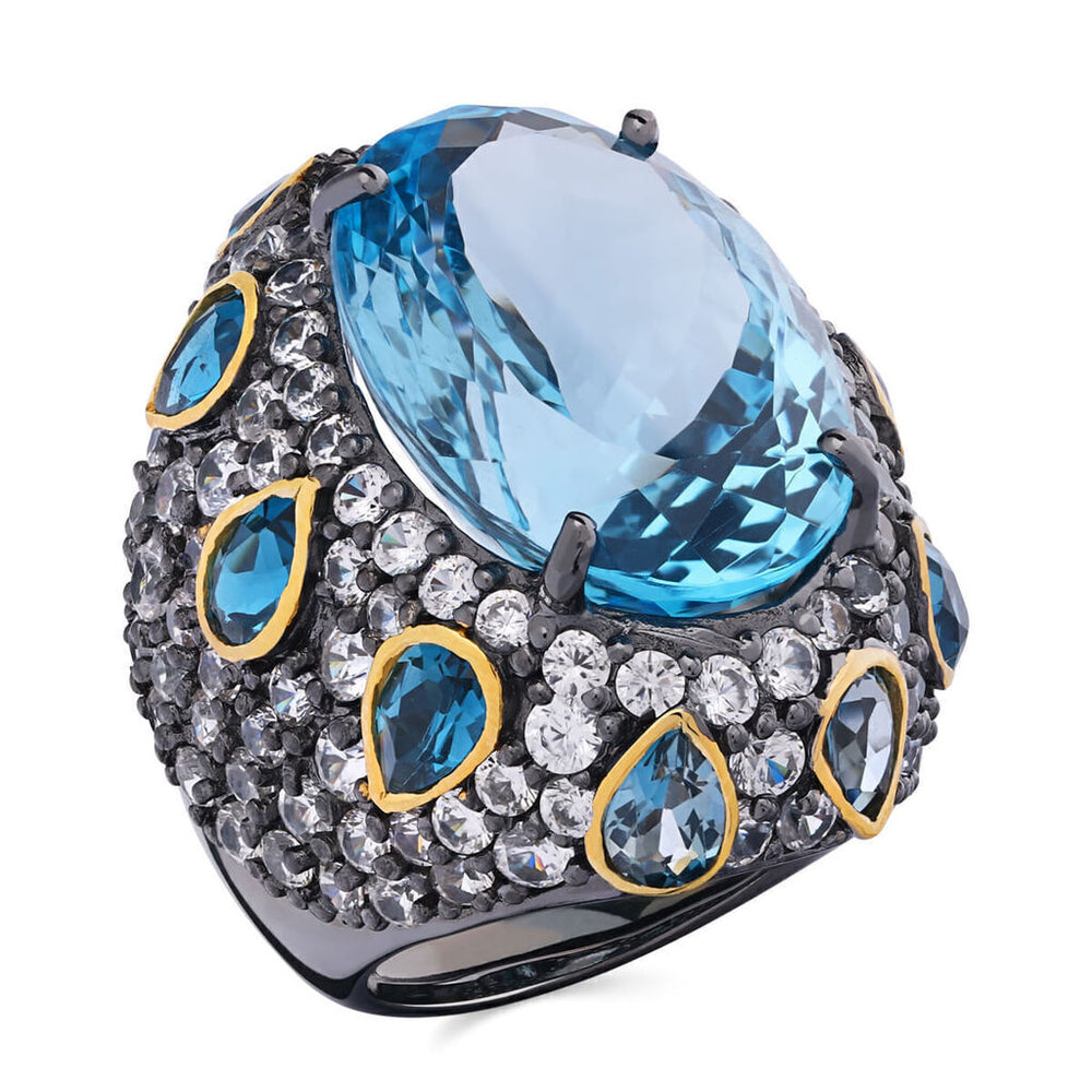 Anel Linha Premium em Prata 925 Com Topázio Azul, Topázio London Blue e Zircônias