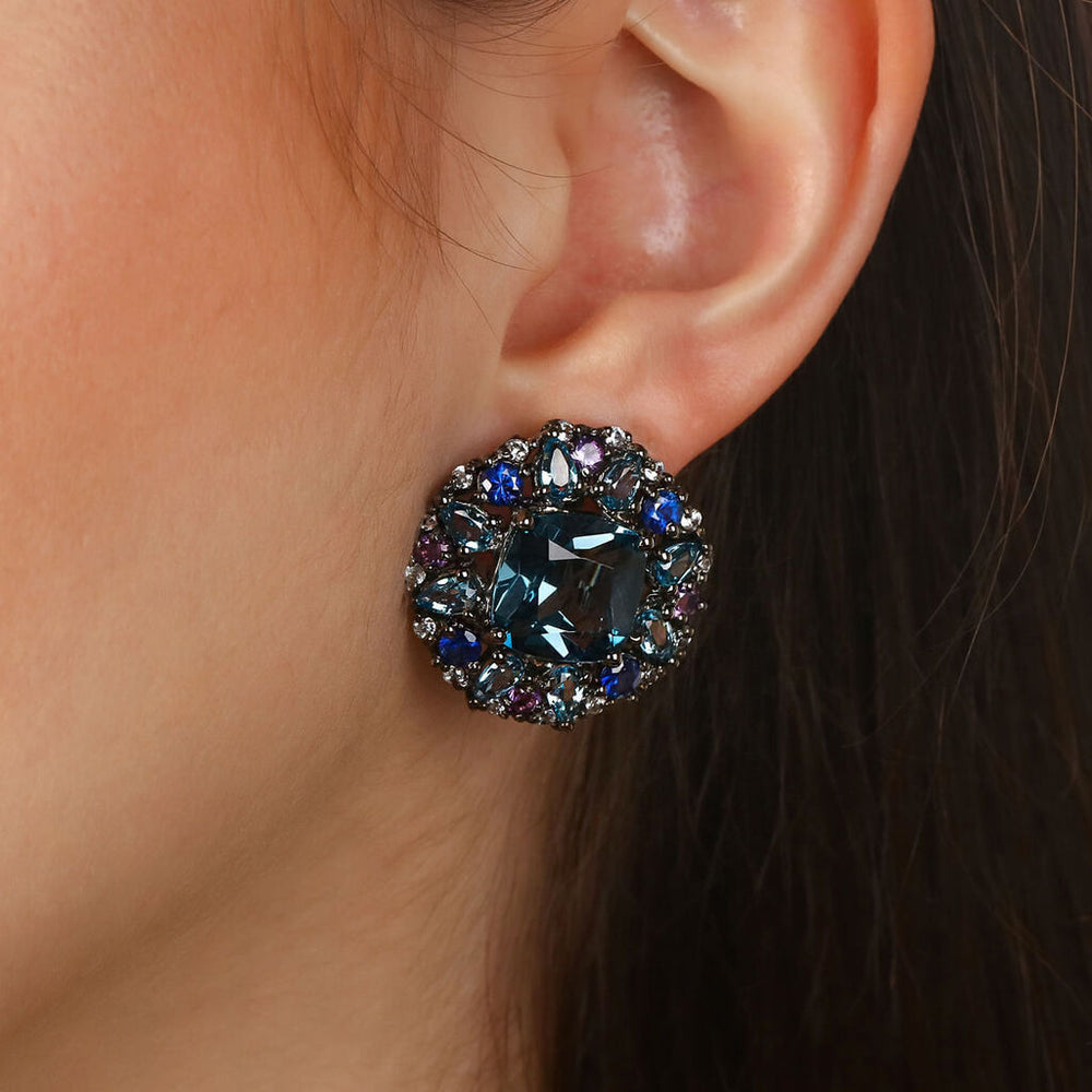 Par de Brinco Linha Premium em Prata 925 com  London Blue,Ametistas,Safiras Azuis,Zircônias
