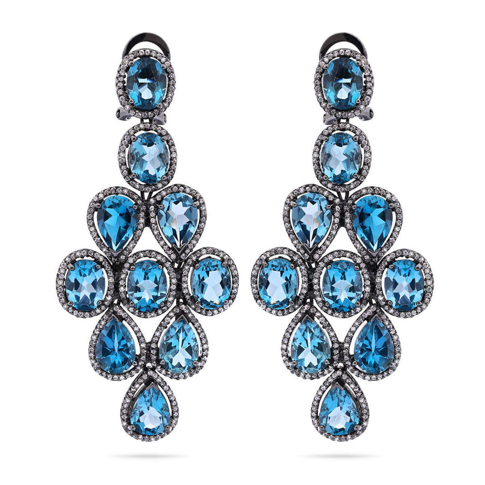 Par de Brinco Linha Premium em Prata 925 com Topázio London Blue e Zircônias