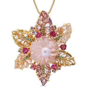 Pingente Floral Quartzo Rosa, Pérolas,Ametistas,Quartzo Limão,Quartzo Branco,Tanzanitas,Topázios Rosas,Granada verde Prata