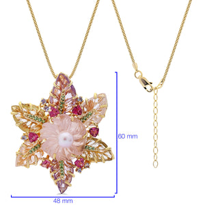Pingente Floral Quartzo Rosa, Pérolas,Ametistas,Quartzo Limão,Quartzo Branco,Tanzanitas,Topázios Rosas,Granada verde Prata