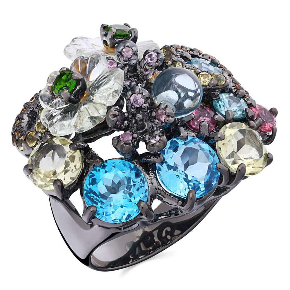 Anel Linha Premium em Prata 925 Floral com Mix de Pedras