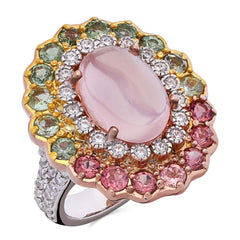 Anel Linha Premium em Prata 925 com Quartzo Rosa e Mix de Pedras